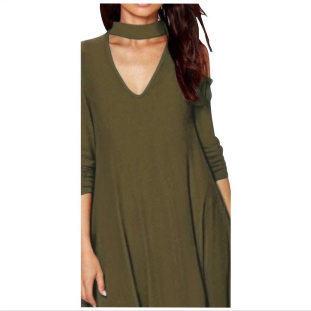 Mustard Seed Women's Olive Green Half Sleeve V-Neck Choker Mini Shift Dress sz S